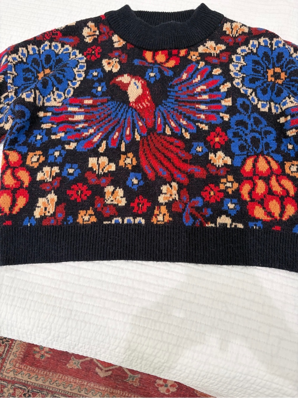 FARM Rio Black Multicolor Parrot Intarsia Crewneck Sweater